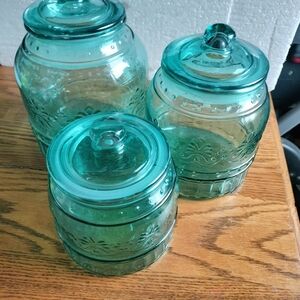 Set of Three Teal Glass Canisters